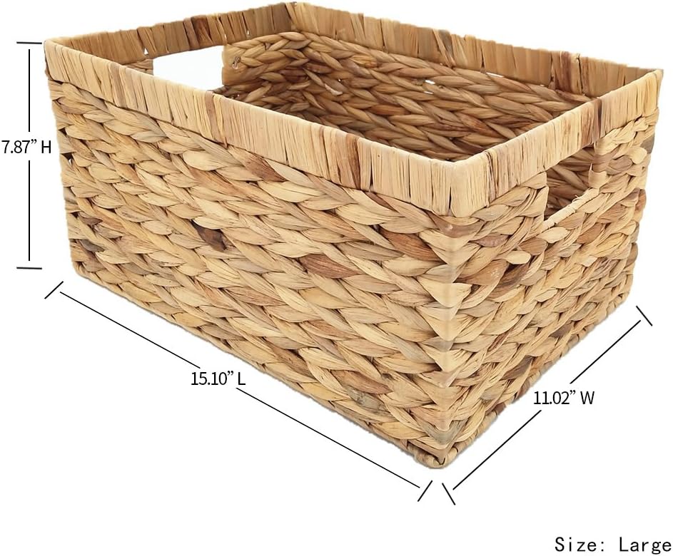 Woven Natural Water hyacinth Rectangular Storage Baskets with inside Handle,Kingwillow(Large)