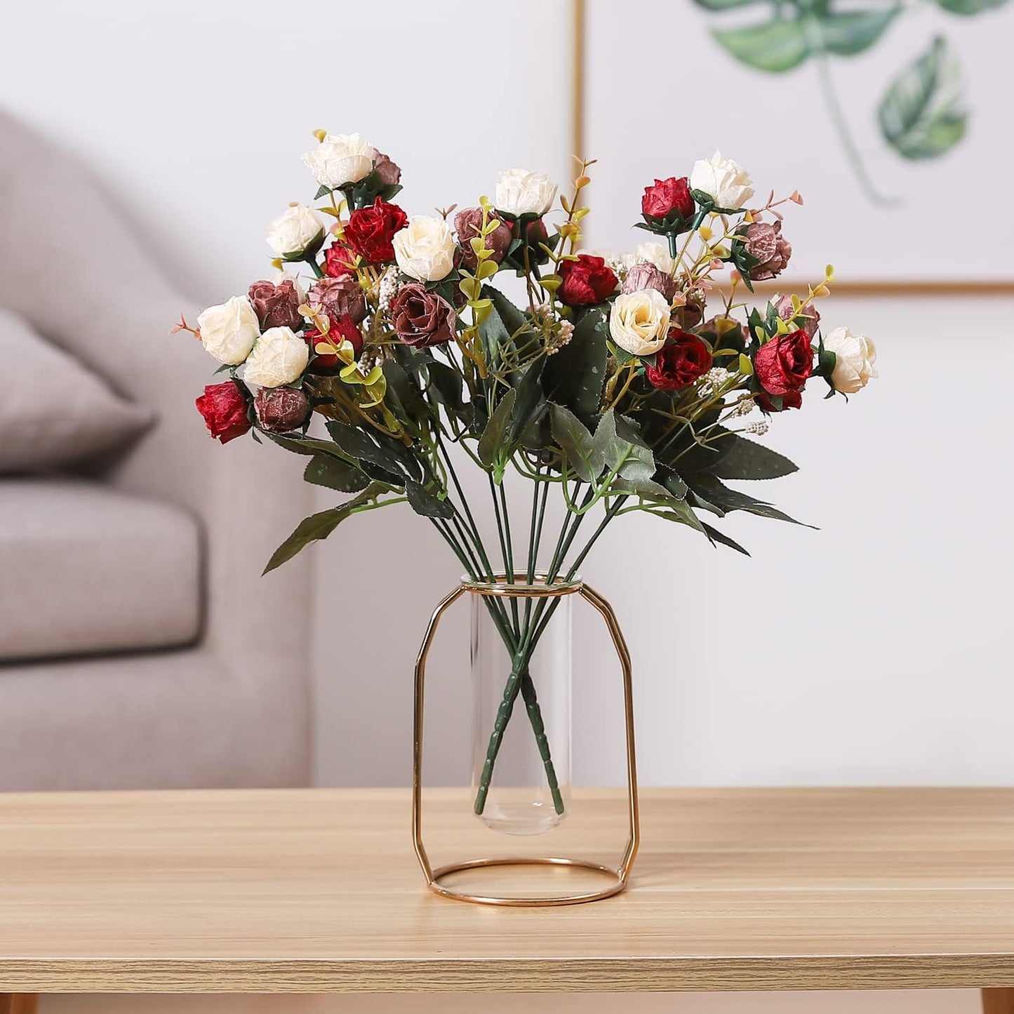 Duovlo 7 Branch 21 Mini Rose Heads Artificial Flowers Bouquet Wedding Home Office Decor,Pack of 2 (2 PCS Red)