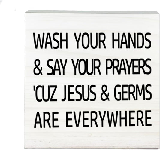 Wash Your Hands And Say Your Prayers Wooden Sign-Funny White Block Plaque Desk Decoration-5x5 inches Rustic Wood Block Gifts For Friends Family Christian-Home Bathroom Tabletop Favors & Supplies-A04