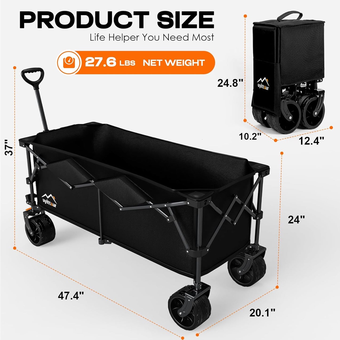 300L Extra Large Collapsible Foldable Wagon, 440lbs Load Capacity 48''L Extended Heavy Duty Folding Beach Wagon with Big All-Terrain Wheels, Utility Garden Cart for Outdoor Activities, Black