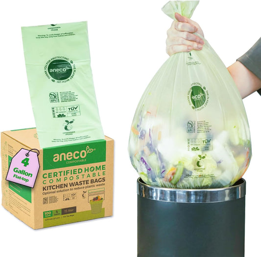 ANECO Compostable Trash Bags 4 Gallon (Flat-Top, 100 Count), Extra Strong for Medium Kitchen Garbage, OK Compost HOME & BPI Certified Compostable