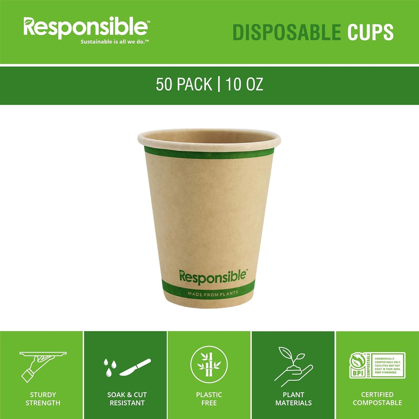 Certified Compostable 10 oz Paper Cups, Cold ＆ Hot Coffee Cups, Disposable Paper Cups, Extra Strength Disposable Cups, Made without PFAS (50 count)