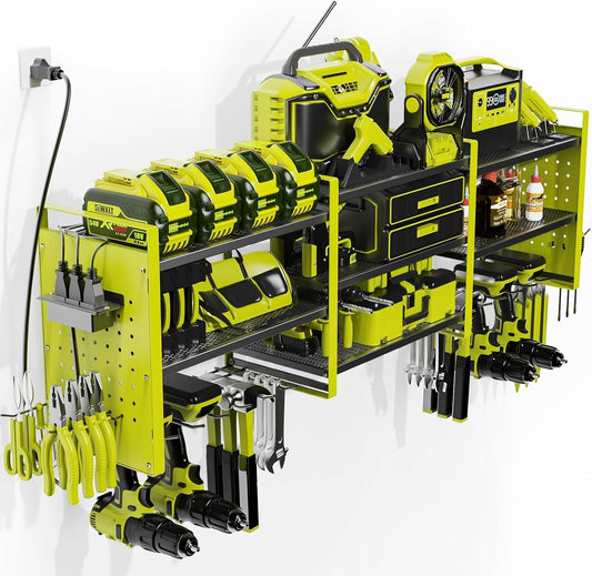 Power Tool Organizer with Charging Station Wall Mount, 3 Layer Expanded Heavy Duty Garage Organization, 48.8 Inch Length Garage Tool Storage, 4 Drill Slot, 16" Standard Hole, Green