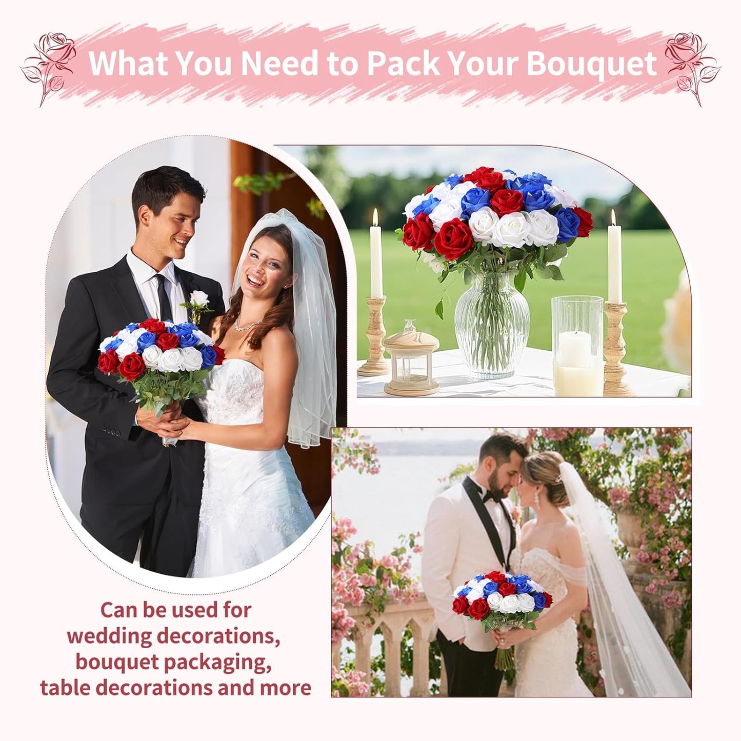 55 PCS Fake Roses Artificial Flowers Bulk, Mixed Roses Bridal Bouquet Silk Faux Rose with Stems for Wedding Flowers Decoration, Valentine's Day, Bridal Bouquet, Anniversary,Home Decor(55PCS)