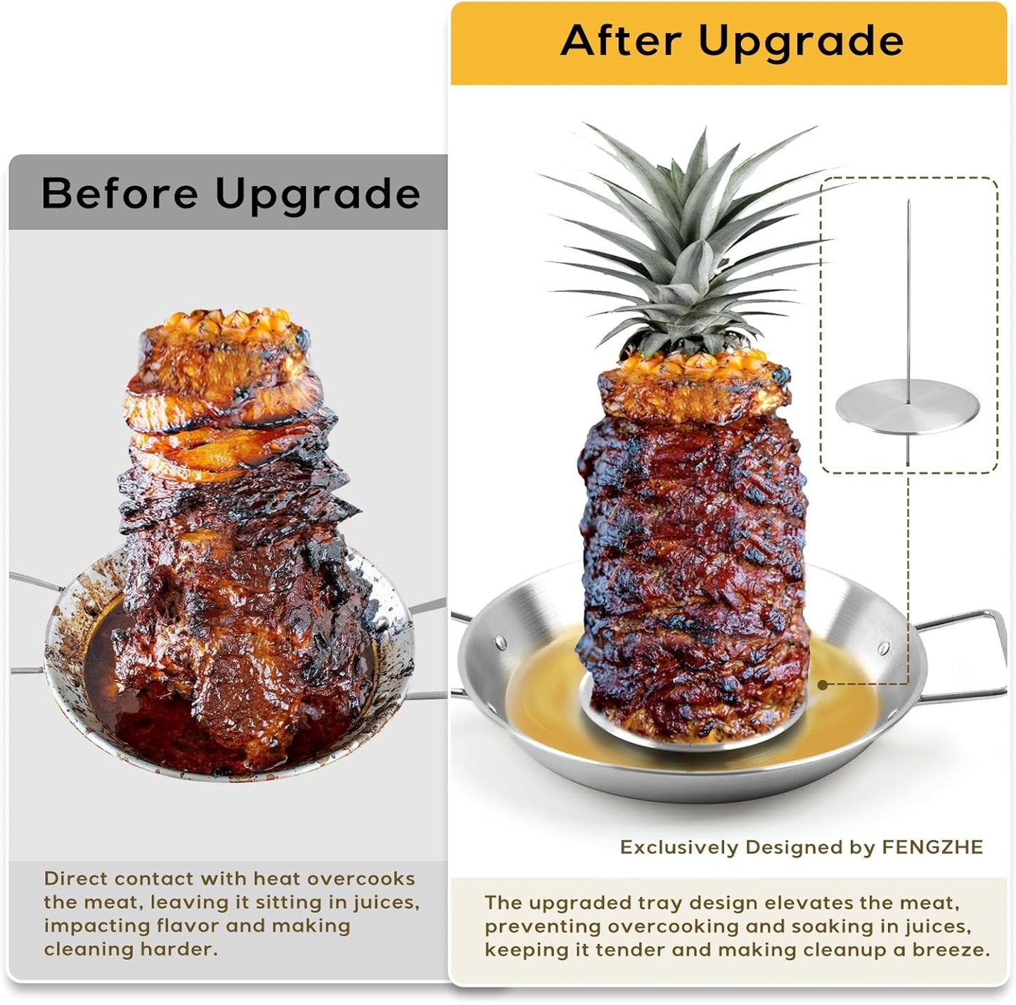 Fengzhe Al Pastor Skewer for Grill：Stainless Steel Vertical Stand, Brazilian Spit Stand with removable 3 Spikes, 2 Brushes, Anti-scalding Fittings, Fat Separator Tray, for Tacos Al Pastor, BBQ