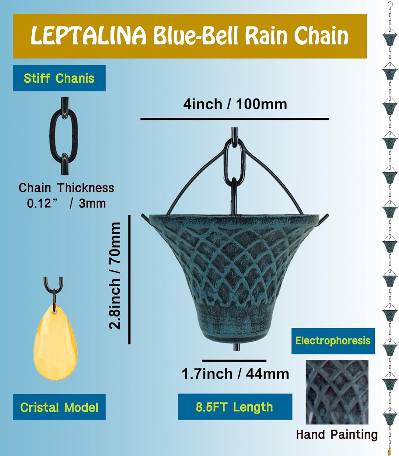 8.5FT Bell Iron Rain Chains for Gutter and Rain Barrel, Rust-Resistant Plated Garden Décor for Downspout, Bonus Rain Chain Gutter Adapter (Antique-Blue)