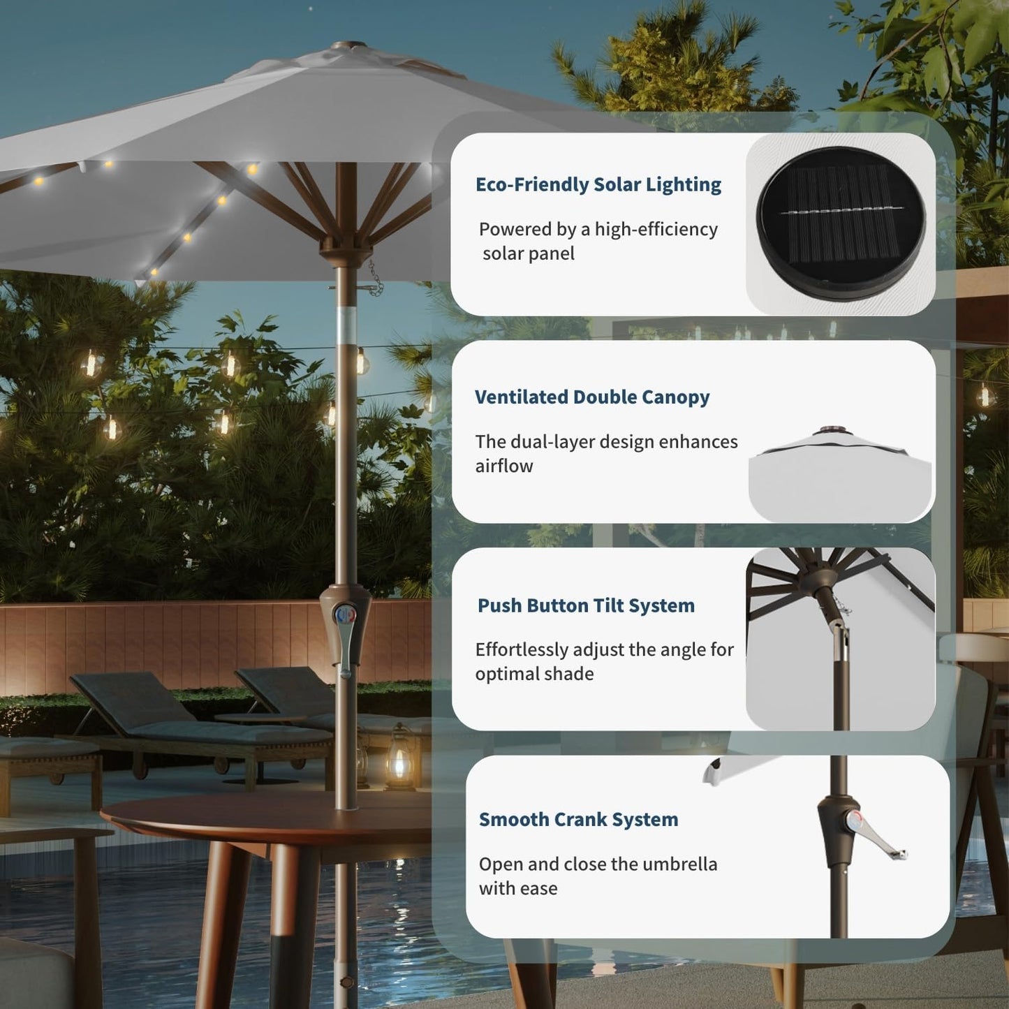 10FT Solar Umbrella 32 LED Lighted Patio Umbrella Table Market Umbrella w/Tilt and Crank, UV-Resistant Outdoor Umbrella for Pool, Garden, Deck, Light Gray