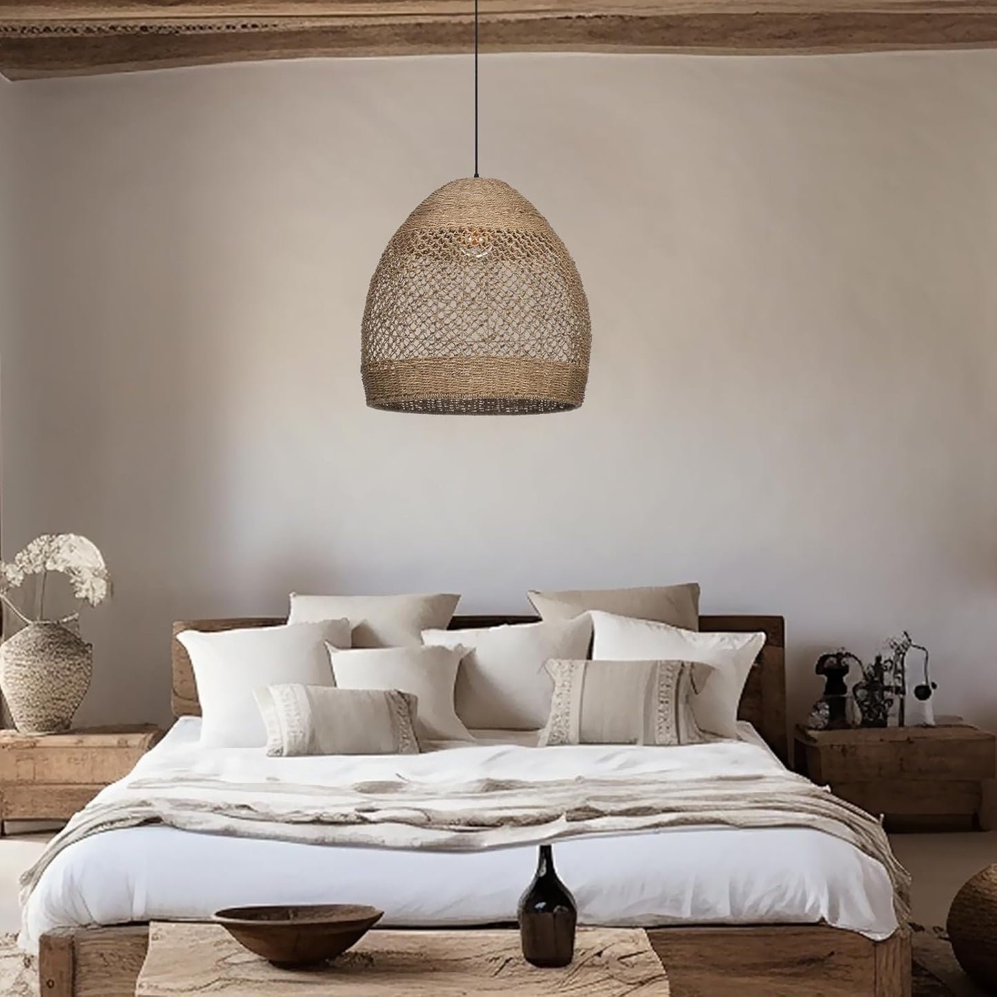 Arturesthome Rustic Rattan Pendant Light,Basket Hanging Light Ceiling Lamp for Dining Room,23.6" Farmhouse Wicker Chandelier for Living Room Foyer Bedroom Hallway