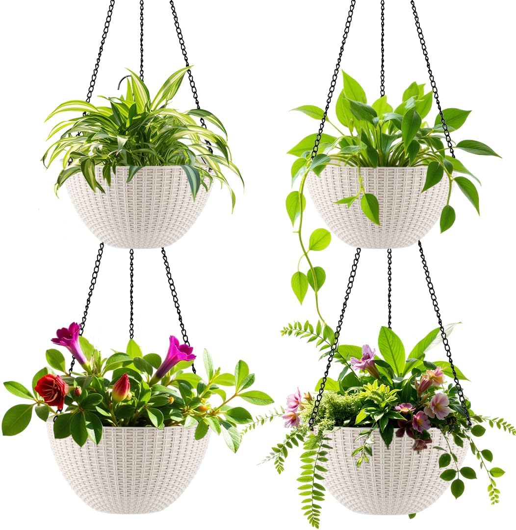 Hanging Planters for Indoor Outdoor Plants 8 and 10 Inch, 4 Packs Plant Hanger with Drainage Holes, Hanging Basket Flower Pot Perfect for Home, Office and Garden,White