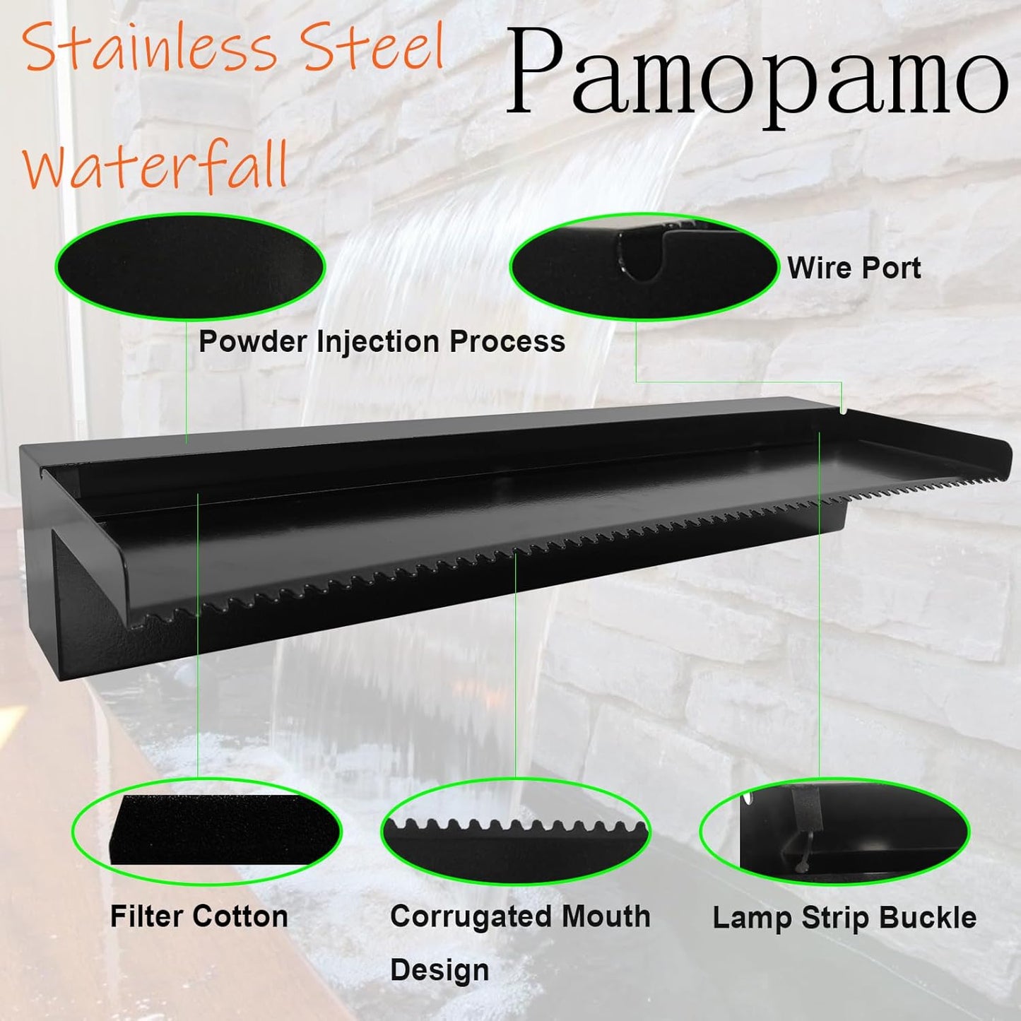 Pond Waterfall Spillway Pool Fountain Water Feature, Black Stainless Steel Outdoor Fountains, Swimming Pool Water Flow Waterfalls Kit for Garden Patio Ponds-23.6"x7.8"x3.9"(NO Light)