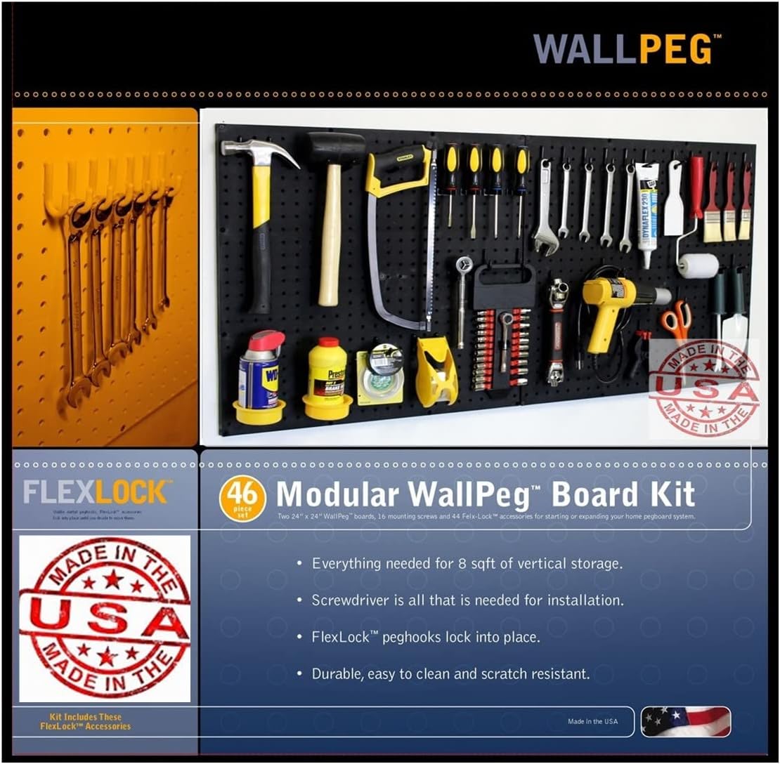 WallPeg 24" x 48" Garage Pegboard Kit (PK-3-B) with Peg Board Panels, Hooks for Tool Organizer, Garage Storage