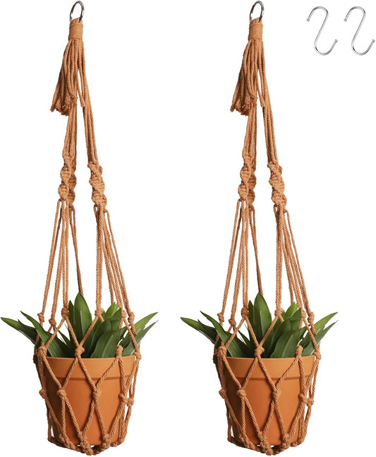 Artilady Macrame Hanging Planter for Indoor Plants, Boho Woven Plant Hanger Large Hanging Flower Pot Holders Outdoor Baskets Storage No Tassels Brown Wall Decor