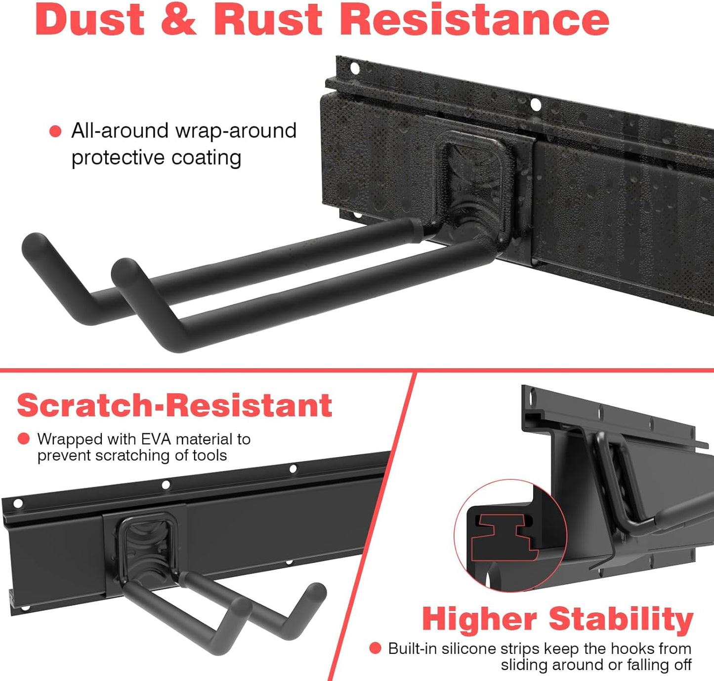 Wall-Mounted Garage Tool Organizer: 64 Inch Heavy-Duty Garden Rack & Wall Storage System - 4 Rails 10 Non-Slip Hooks for Folding Chairs, Ladders & DIY Tools