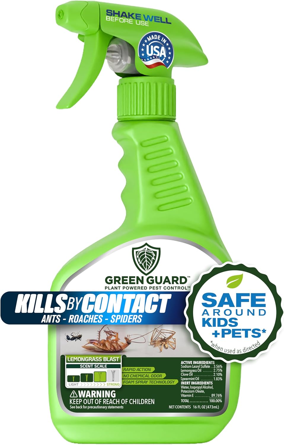 Green Guard Pest Control Spray - Indoor & Outdoor Killer of Ants, Roaches, Spiders & Other Crawling Insects, Safe Around Children & Pets, Plant-Based, Pleasant Scent (Lemongrass Blast, 16oz)