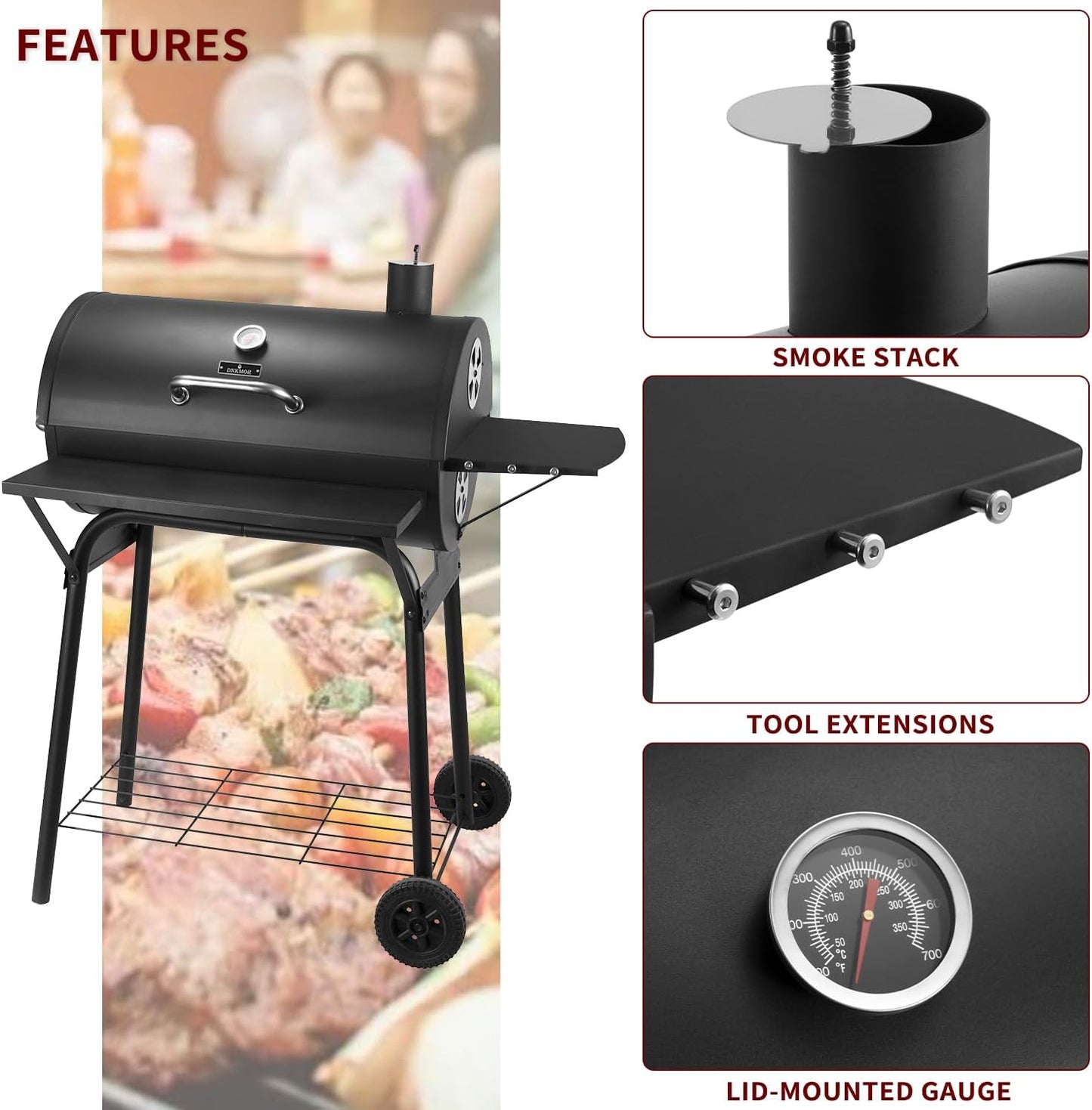 Charcoal Grills Outdoor BBQ Grill 30INCH Barrel Charcoal Grill with Side Table, 627 Square Inches, Outdoor Backyard Camping Picnics, Patio and Parties, Black by DNKMOR