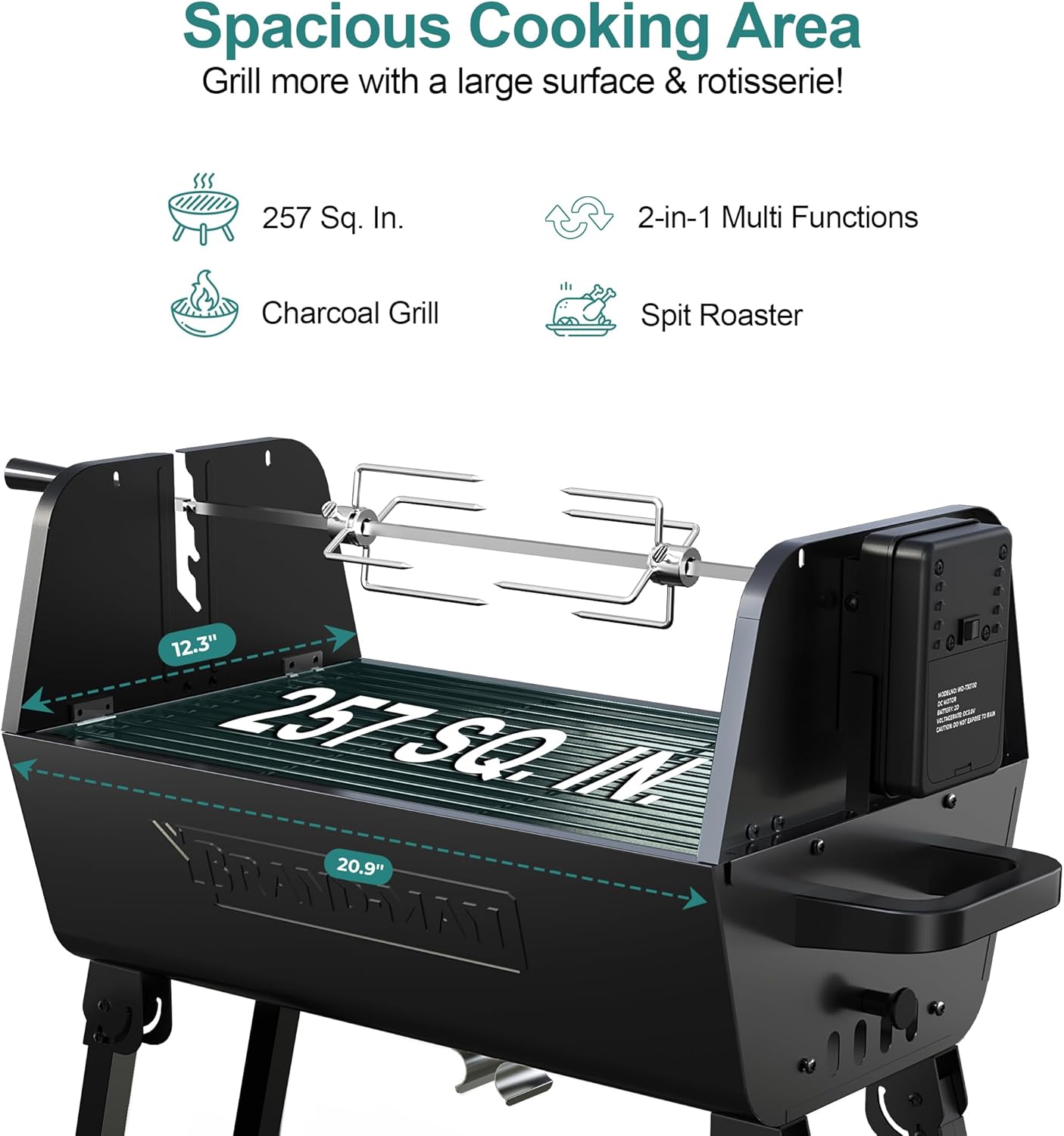 Brand‑Man 2‑in‑1 Charcoal BBQ Grill with Motorized Rotisserie – Portable, Foldable Grill, 257 sq in Outdoor BBQ Grill for Camping & Tailgate, Adjustable Height, Dual Vents