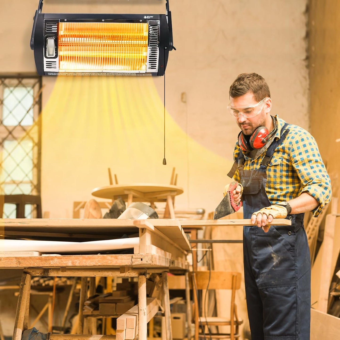 Electric Garage Heater 120V, 750/1500W Ceiling Mount Space Heater for Garage, Shop, Patio with 90° Adjustable Tilt, Dual Quartz Radiant, Safety Metal Grille and Overheat Protection, 1-Pack