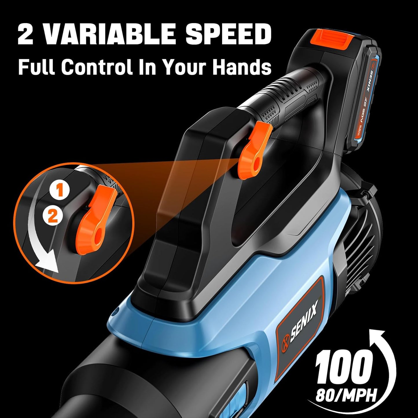 SENIX 20V Max Leaf Blower, Cordless, Brushless, Handheld, Up to 450 CFM and 100 MPH, 2 Speed Mode, Cruise Control, Lightweight, 5.0 Ah Battery and Charger Included (BLAX2-M3)