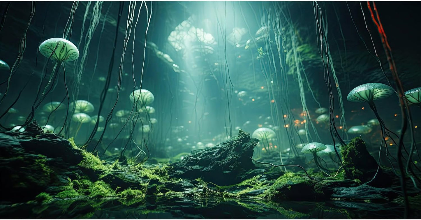 Aquarium Background Foggy Stone Mushroom Green Moss Fish Tank Background Mysterious Green Seaweed Scenery Aquarium Backgrounds White Mushroom Reptile Tank Enclosure Backgrounds Wallpaper 72x24in