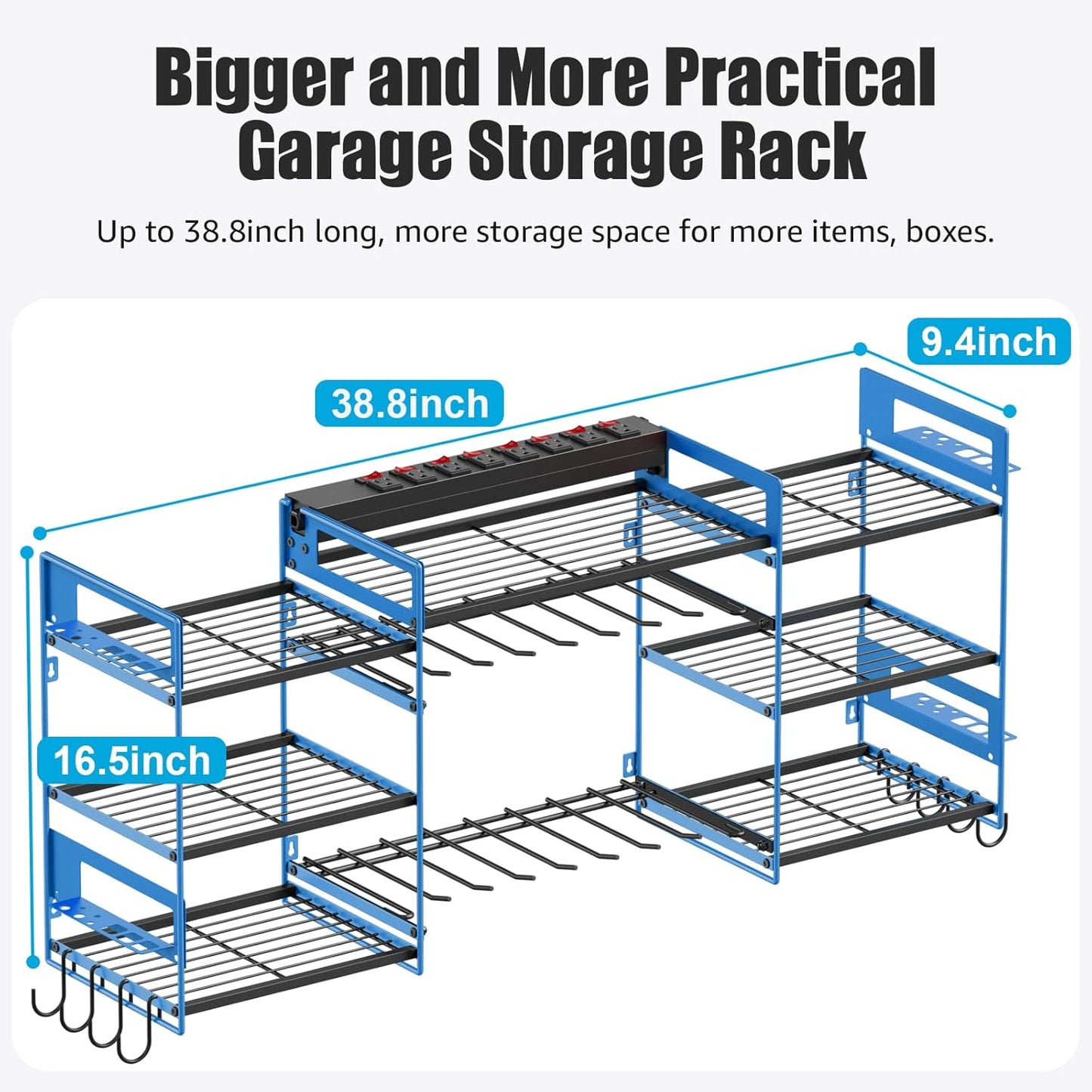CCCEI Blue Power Tool Organizer Wall Mount, Large Tools and Battery Storage Rack Charging Station Individual Switches. Drills Holder, Garage Utility Shelves with 6FT Power Strip. Gift for Men.