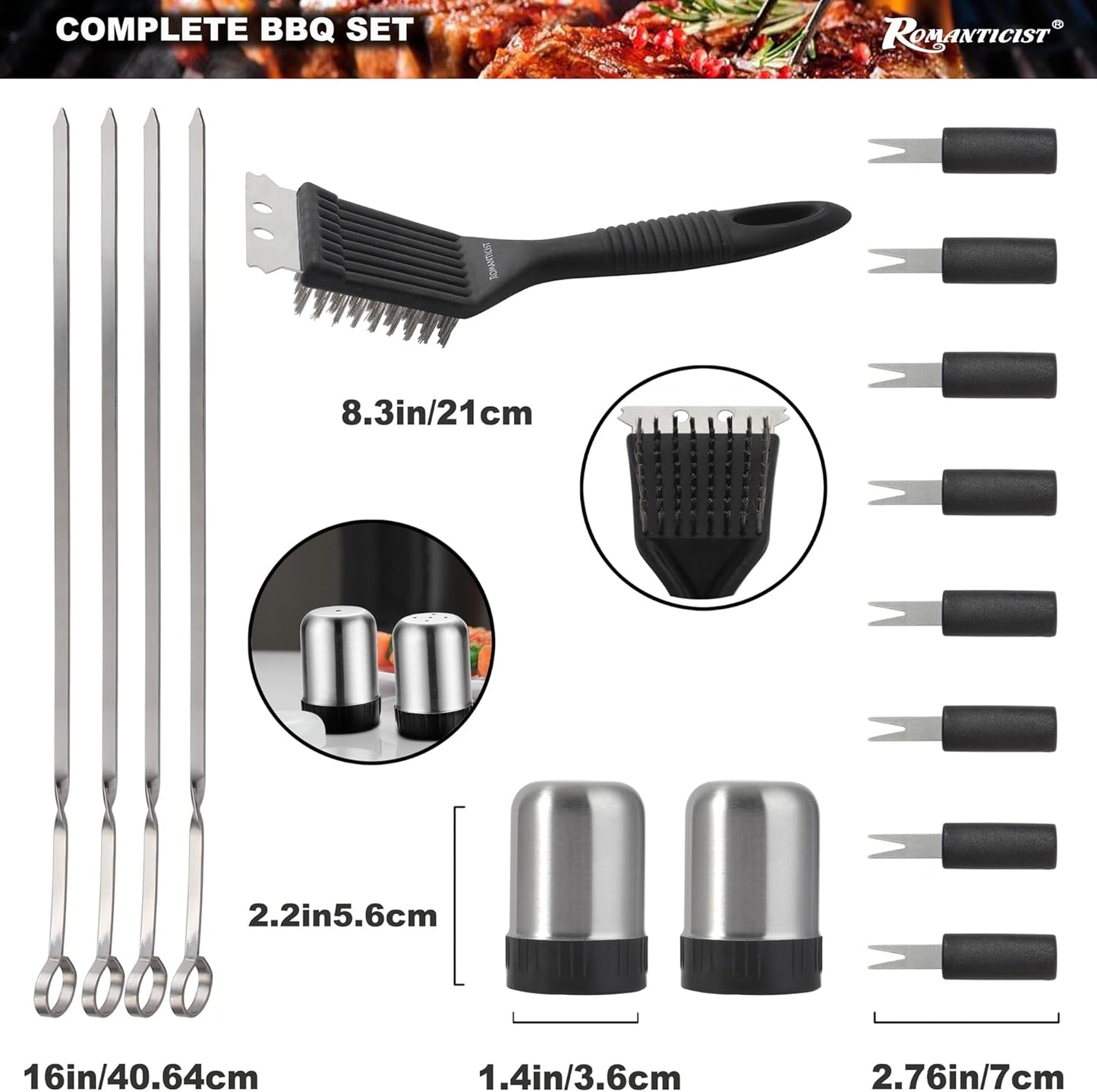 ROMANTICIST 20pcs Heavy Duty BBQ Grill Tool Set in Case - The Very Best Grill Gift for Father's Day and Christmas - Professional BBQ Accessories Set for Outdoor Cooking Camping Grilling Smoking, Black