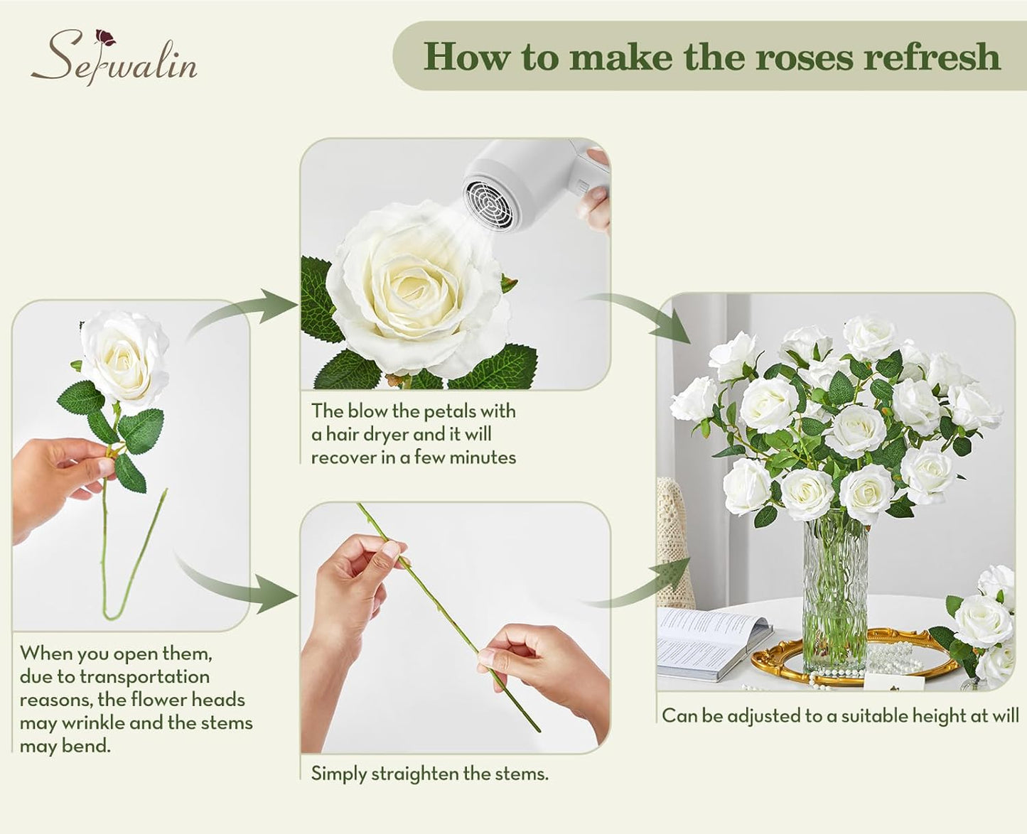 Serwalin 50pcs Artificial White Roses, 4'' Velvet Flower Head Fake Roses Bulk, Real Touch Silk Roses Realistic Bouquet Long Stems Wedding Home Decor and Table Centerpiece