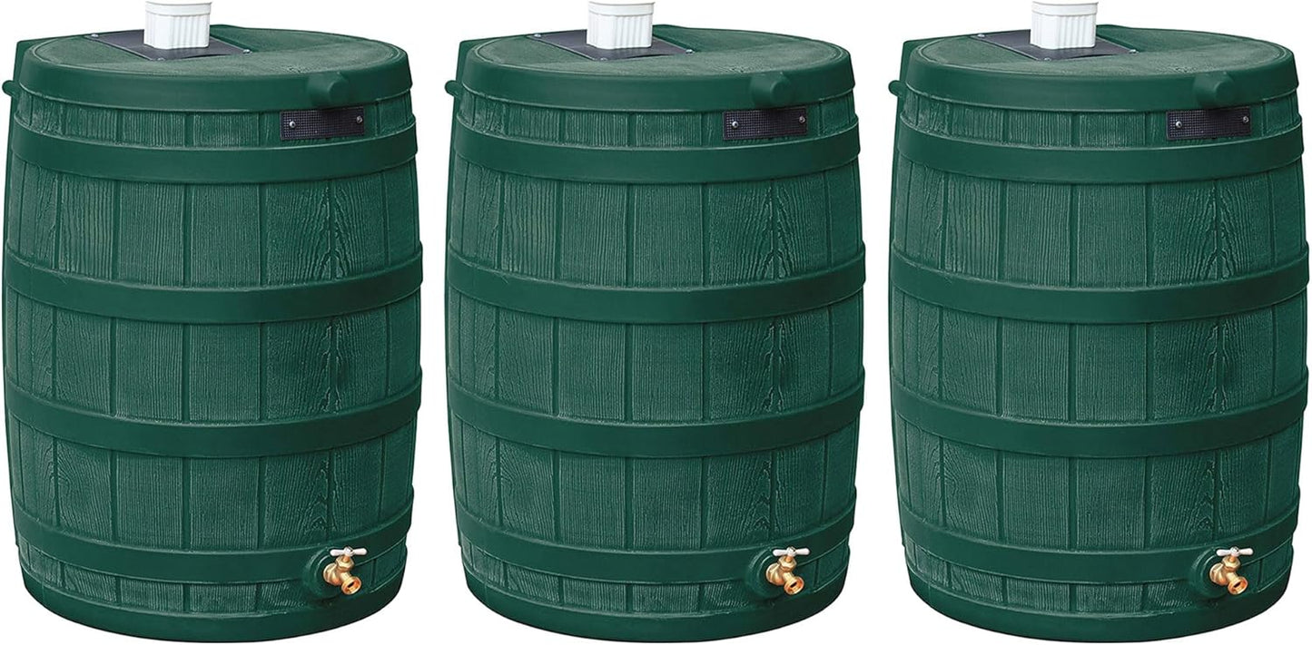 Good Ideas Rain Wizard Water Storage Collection Barrel with Brass Spigot, Safety Screen, and 50 Gallon Capacity, Green (3 Pack)