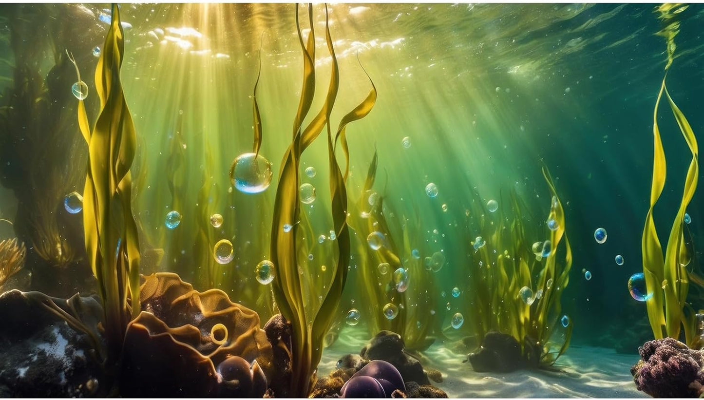 Aquarium Background Underwater Beautiful Coral Reef with Seaweed Bubbles Terrarium Backdrop Aquatic Plants Sunlight Rays Fish Tank Background Tank Aquarium Wallpaper Poster Decor Vinyl 36x18in