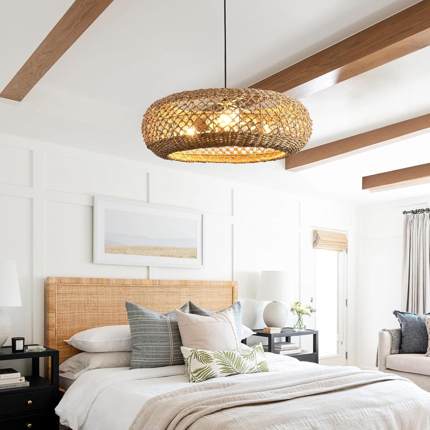 20.1" Large Rattan Chandelier, 3 Light Hanging Light, Boho Wicker Pendant Lighting, for Kitchen Island, Bedroom, Dining Room, Entryway, Foyer