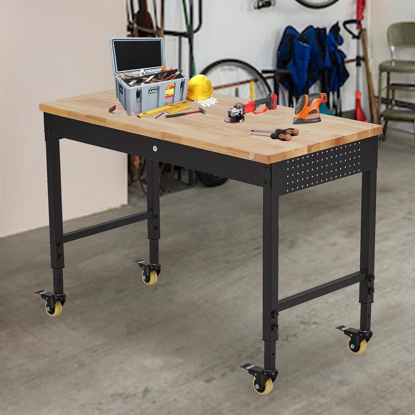 72'' Adjustable Workbench, Heavy Duty Workbench with Power Outlet and Lockable Wheels, 2000 LBS Capacity, Work Table Suitable for Office, Garage, Workshop