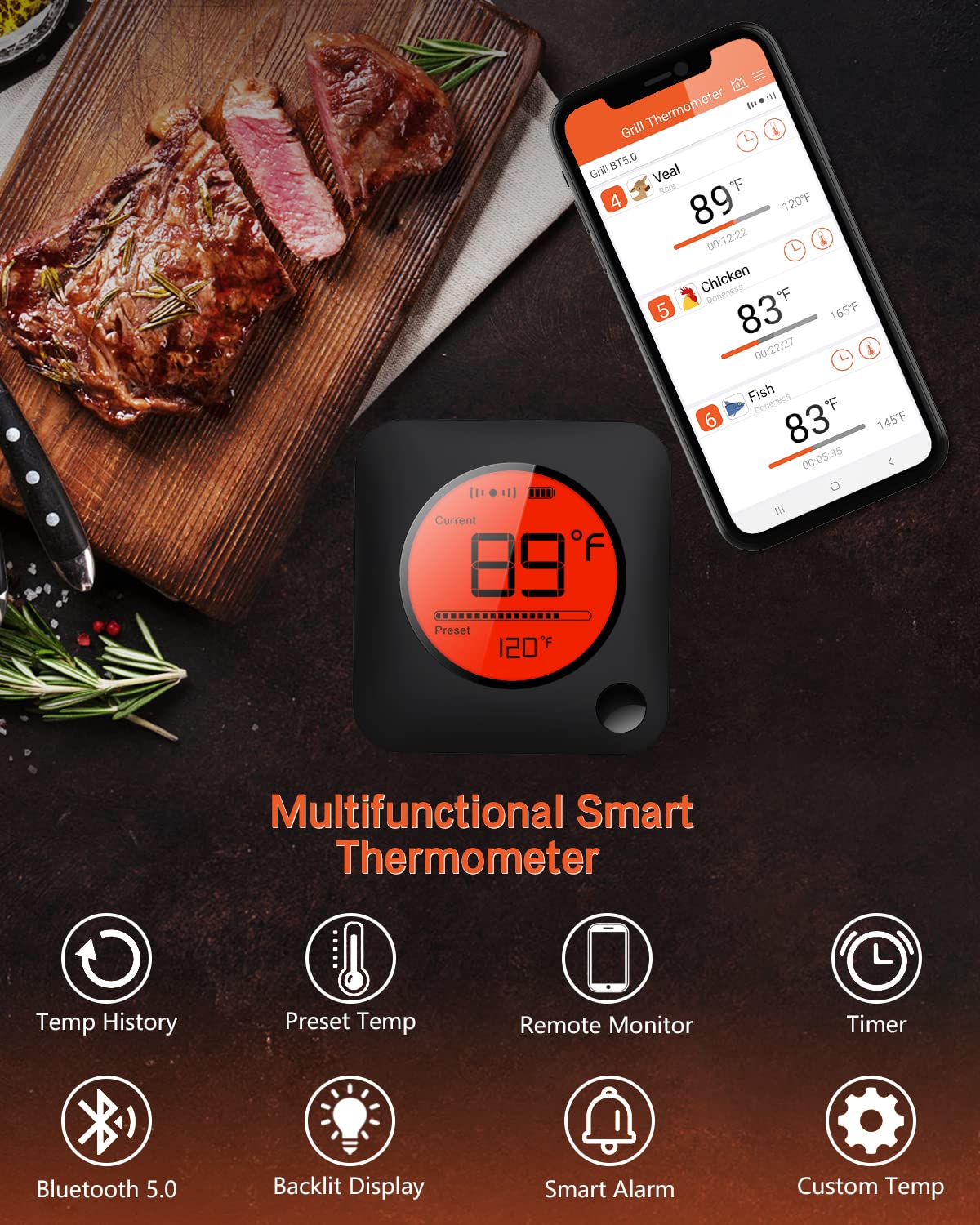 BFOUR Meat Thermometer Wireless Bluetooth, LCD Digital Meat Thermometer with Dual Probe, Wireless Remote BBQ Thermometer for Smoker Kitchen Cooking Grill Thermometer for Grilling BBQ Oven