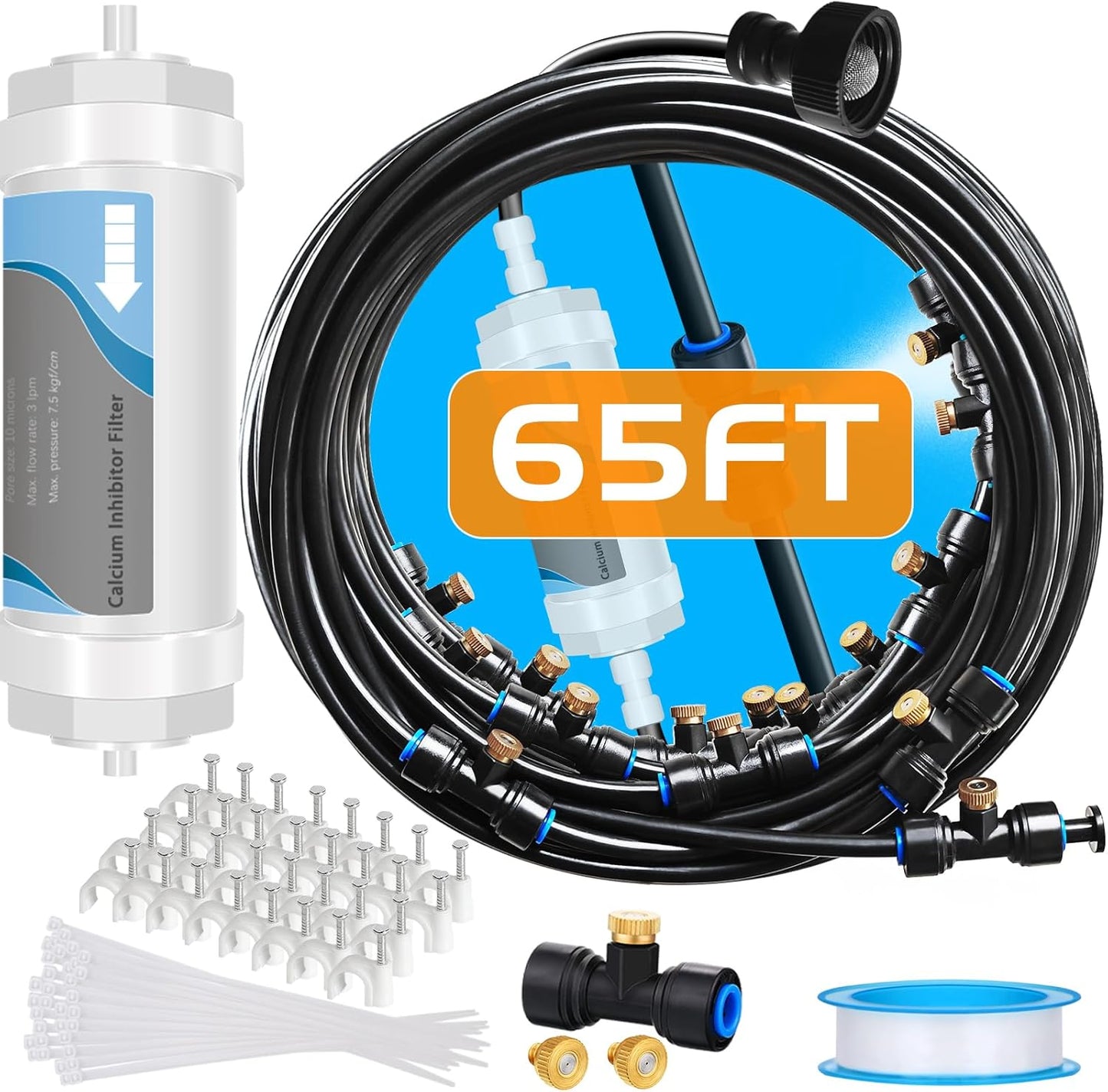 Misting System with Water Filter - Upgraded Signice 65 Ft (20M) Line & 15 Brass Mist Nozzles Outdoor Misters for Patio Cooling Mister Systems Kit for Outside Garden Backyard Greenhouse (Black)