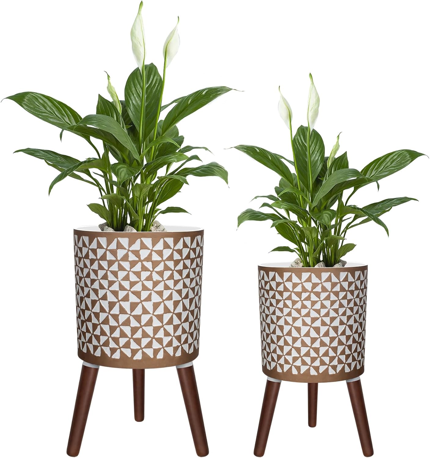 10 & 12 Inches Plant Pot with Stand, Large Modern Standing Planters for Indoor Outdoor Plants with Drainage Holes, Big Gold Floral Embossed Flower Pots with Legs
