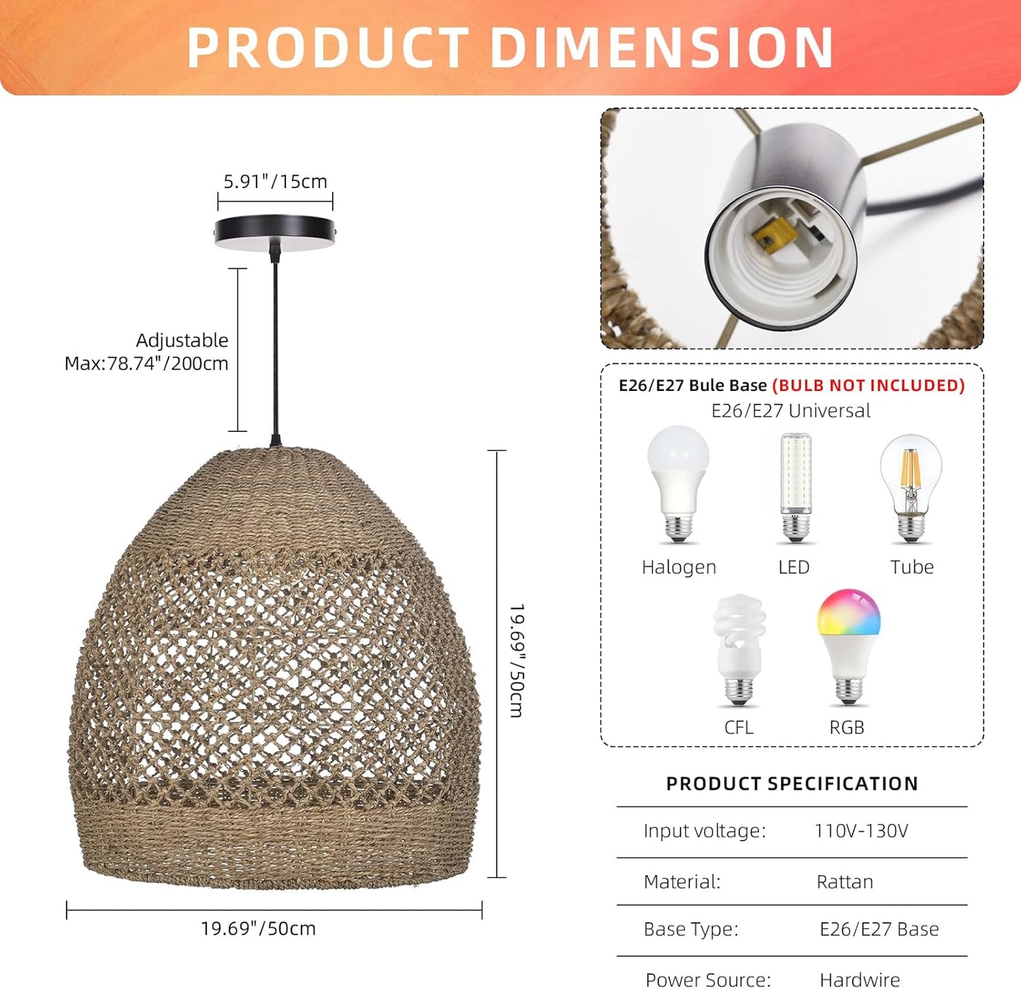 Arturesthome 19.6" Retro Rattan Woven Pendant Light Fixture, Chandelier with Lamp Shade Light Cover, Hanging Lighting for Kitchen Dining Room Foyer