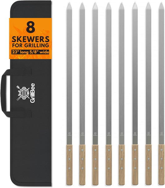 Premium Kabob Skewers 23 inch Long and 5/8 inch Wide Stainless Steel Flat Reusable Metal Skewers for Grilling BBQ - Chicken Kebab, 8pc Set with Bag