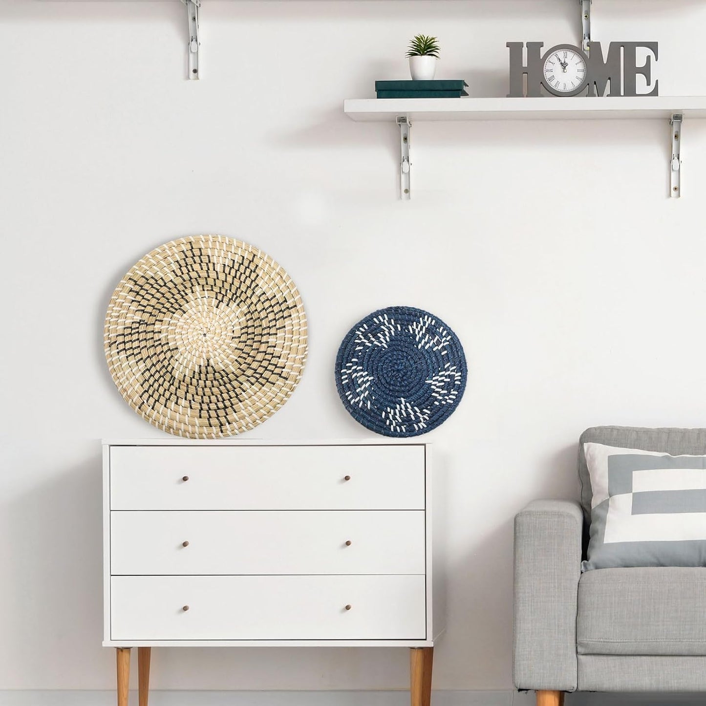 Xuhal Set of 8 Hanging Woven Wall Basket Handmade Decorative Rustic Boho Basket Decor Handcrafted Wicker Round Seagrass Wall Art for Home Kitchen Farmhouse Table Living Room