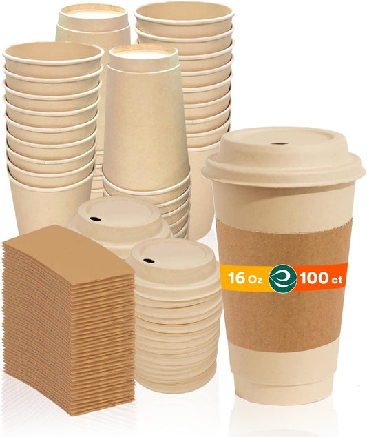 ECO SOUL 100% Compostable Coffee Cups With Lids & Sleeves - 16Oz (100 Counts) To Go Coffee Disposable Bagasse Cups |Sturdy & Eco-Friendly Cups for Cafes, Party, Office