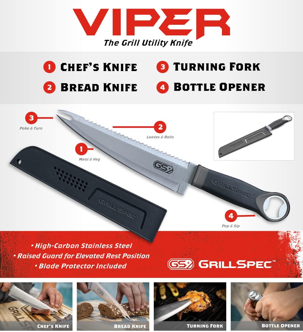 VIPER Grill Utility Knife - 8 inch High Carbon Stainless Steel Chef Knife Bread Knife Meat Turner Bottle Opener with Sheath Grilling Gifts for Dad Men