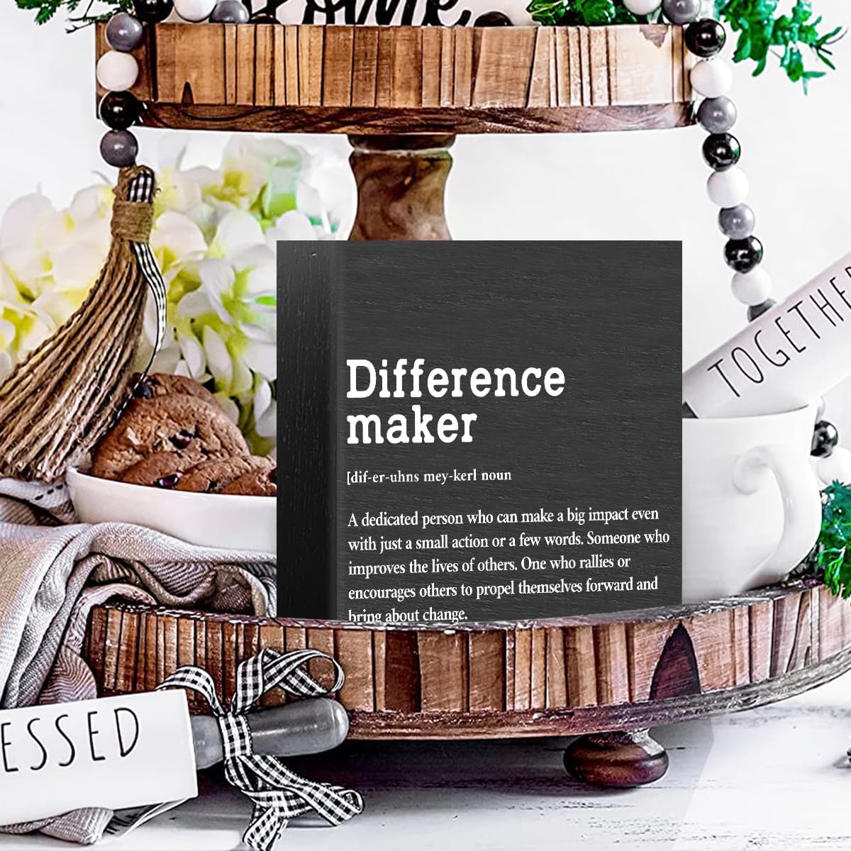 Difference Maker Definition Wooden Box Sign, Rustic Inspirational Home Office Decor, 5 x 5 Inches, Black, Square