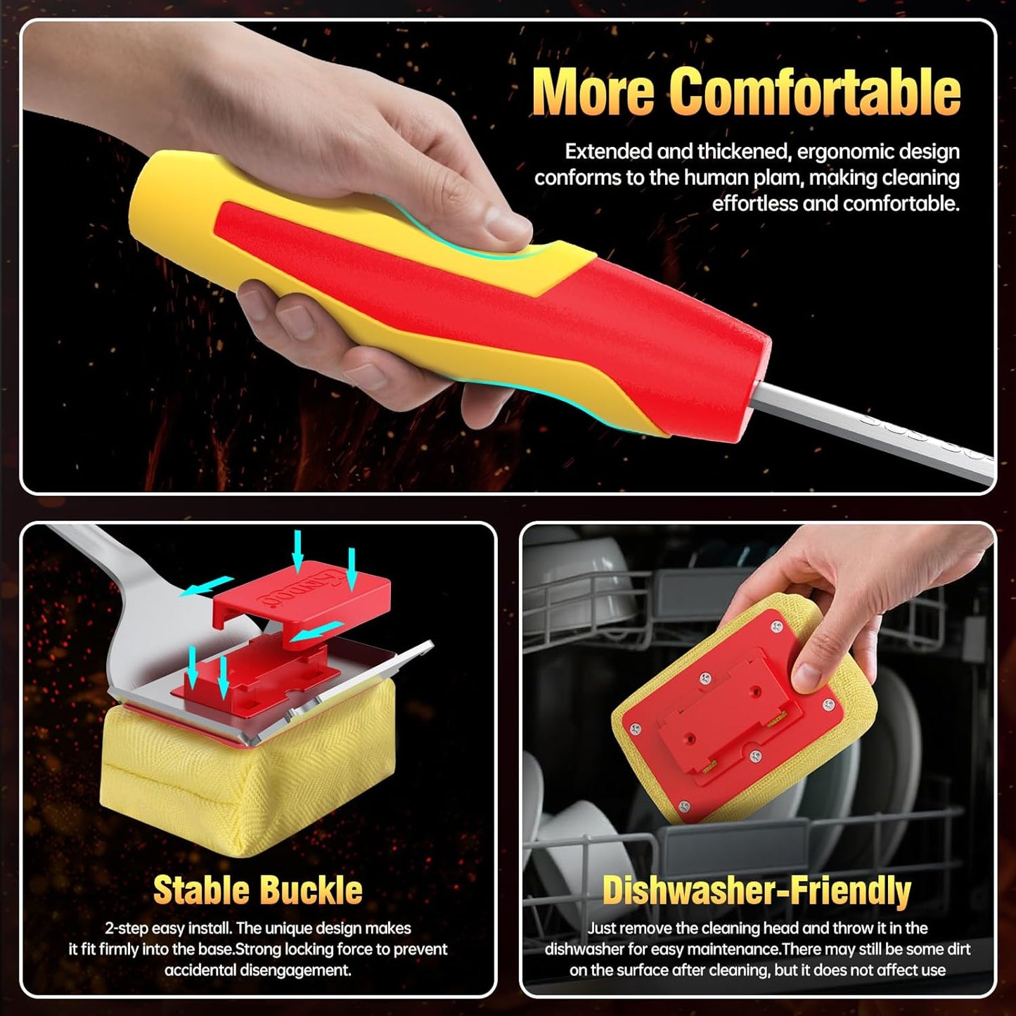 Grill Brush Bristle Free for Outdoor Grill, Steam Grill Cleaning Brush Replaceable BBQ Cleaner Brush Head,Extended Handle, Safe Grill Brush with Scraper for Cast Iron Stainless-Steel Grates, Red