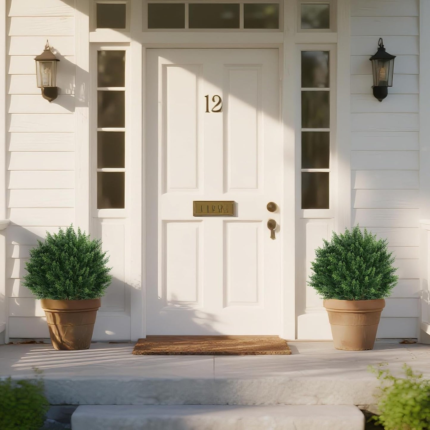 Artificial Set of 2 Cedar Topiary Ball Trees 16" for Outdoors with Ground Spike, UV Resistant Faux Cypress Plants, Evergreen Shrubs Bushes for Front Porch Garden Backyard Decor