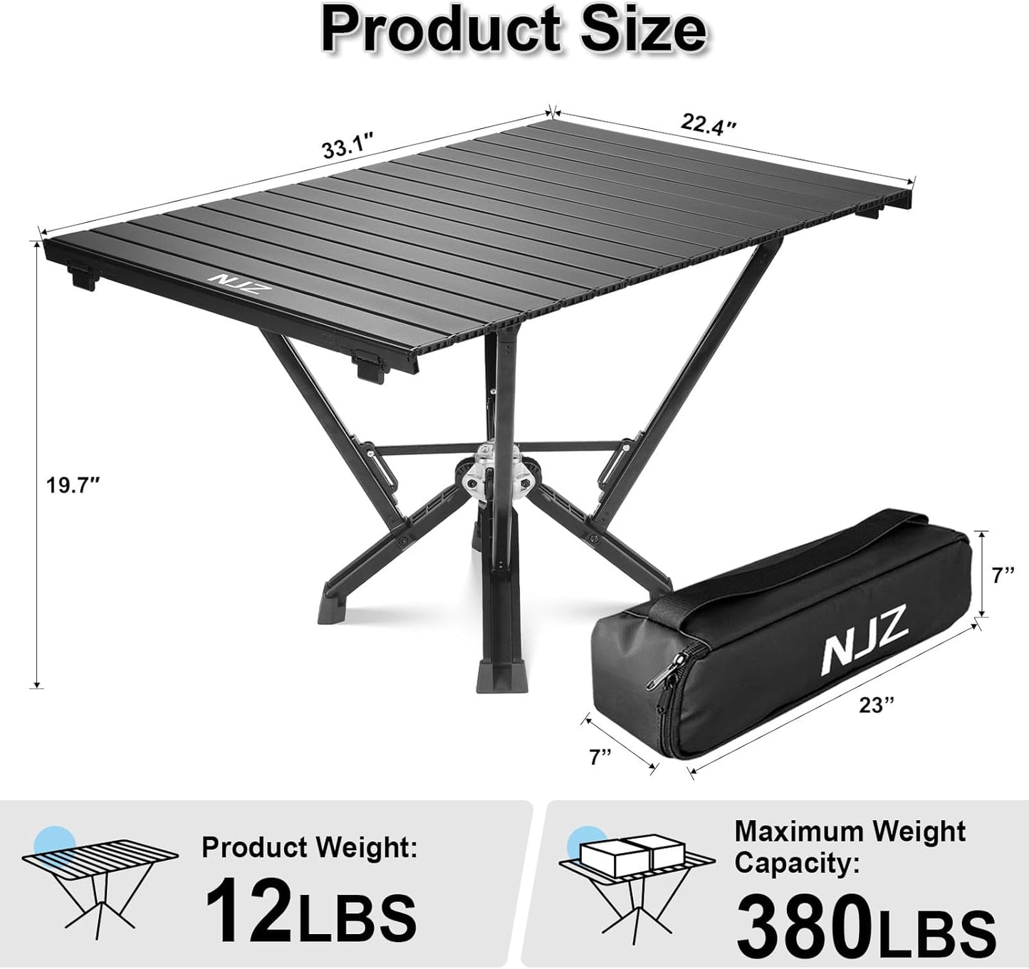 Folding Outdoor Camping Table, Aluminum Roll-Up Top and Carry Bag, 380 LBS Capacity, Lightweight Portable Tables for Picnic, BBQ and Tailgating.(Black)