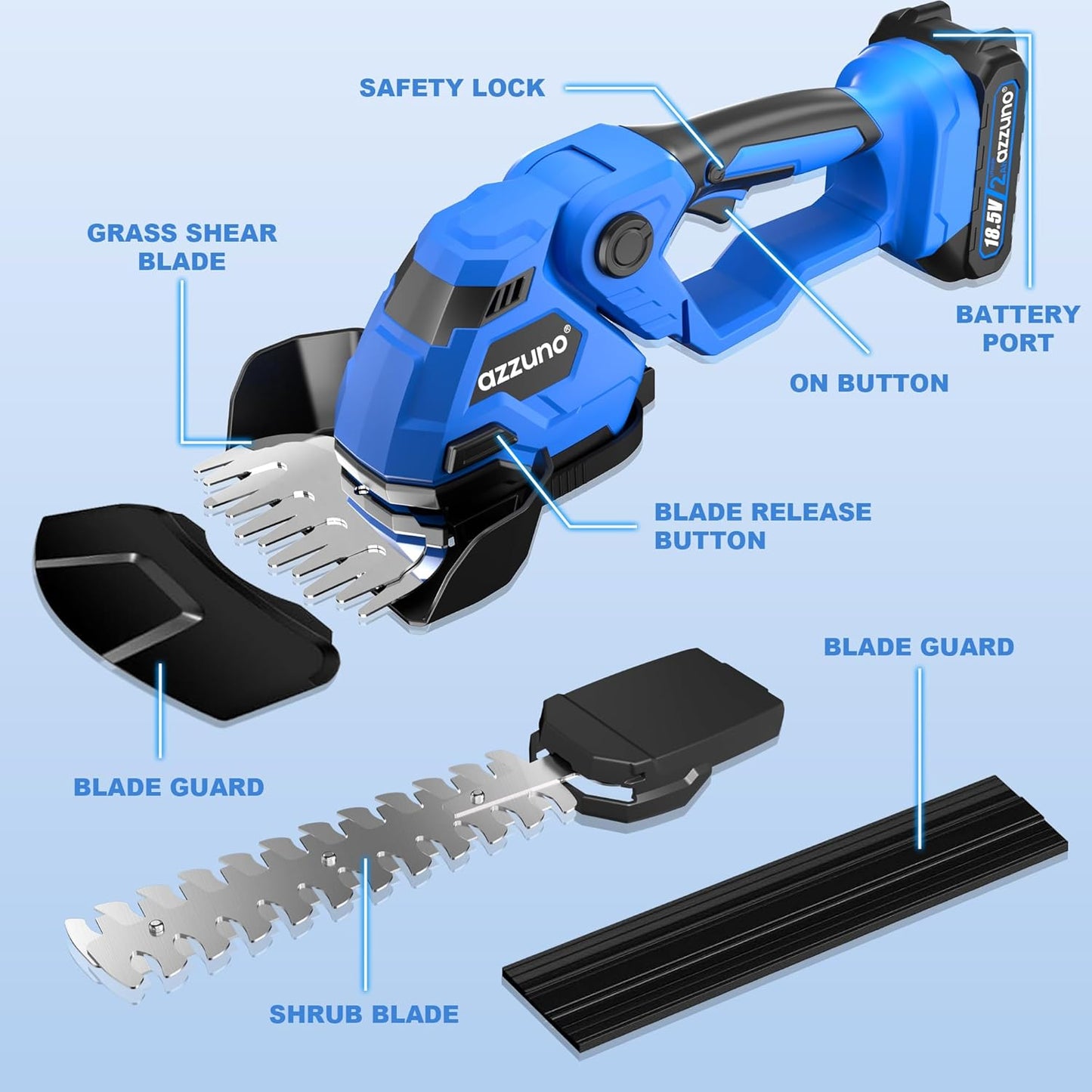 AZZUNO Cordless Hedge Trimmer, 2-in-1 Electric Grass Shears Shrubbery Trimmer with Battery，Handheld Grass Cutter Shrub Trimmer for Gardens, Yards, Lawns, Including Charger (1 Battery)