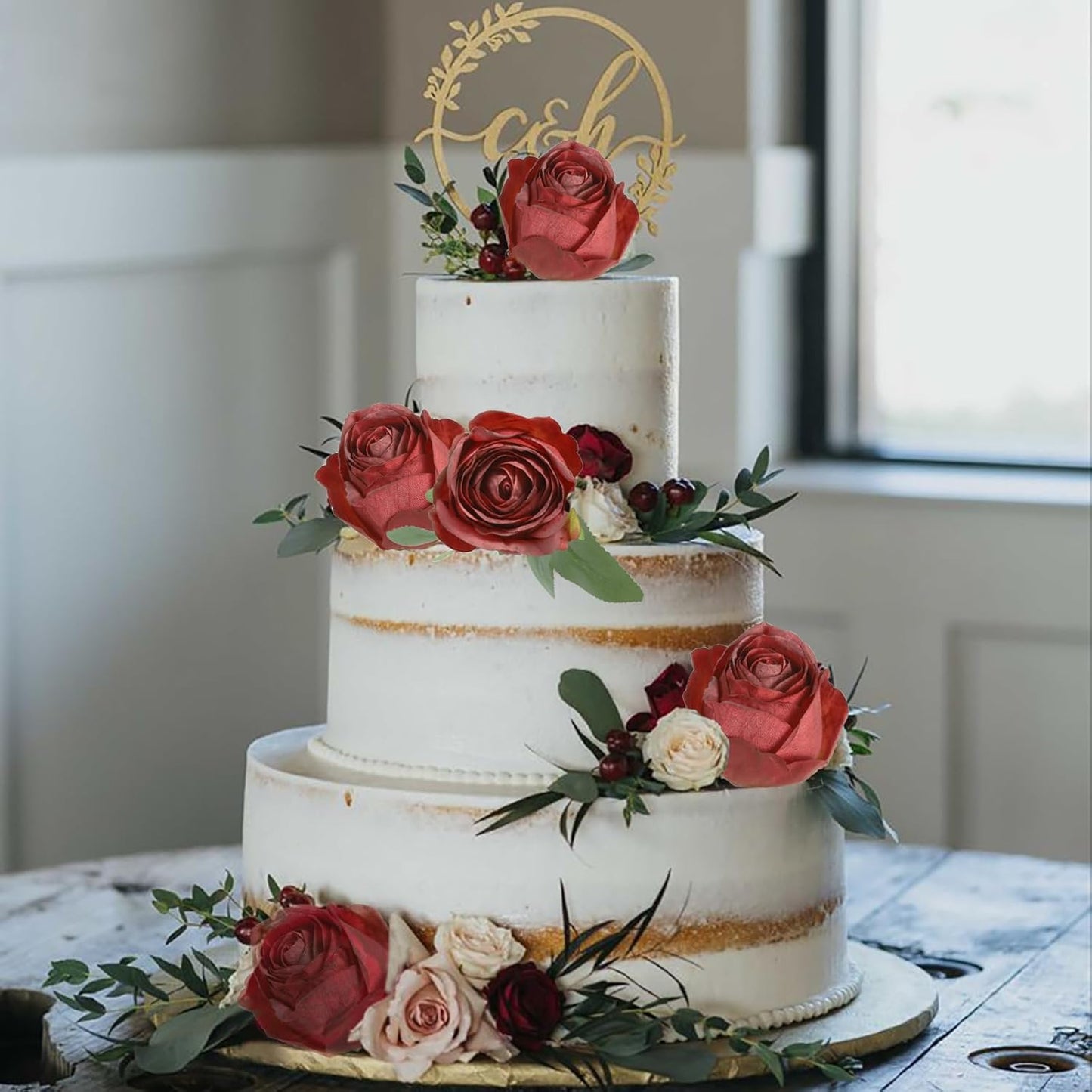 12 pcs Roses Artificial Flowers Vintage Red Burnt Edge Rose 20" Realistic Silk Roses Bouquet with Long Stem for Wedding Party Floral Centerpieces Decoration (Vintage Red)