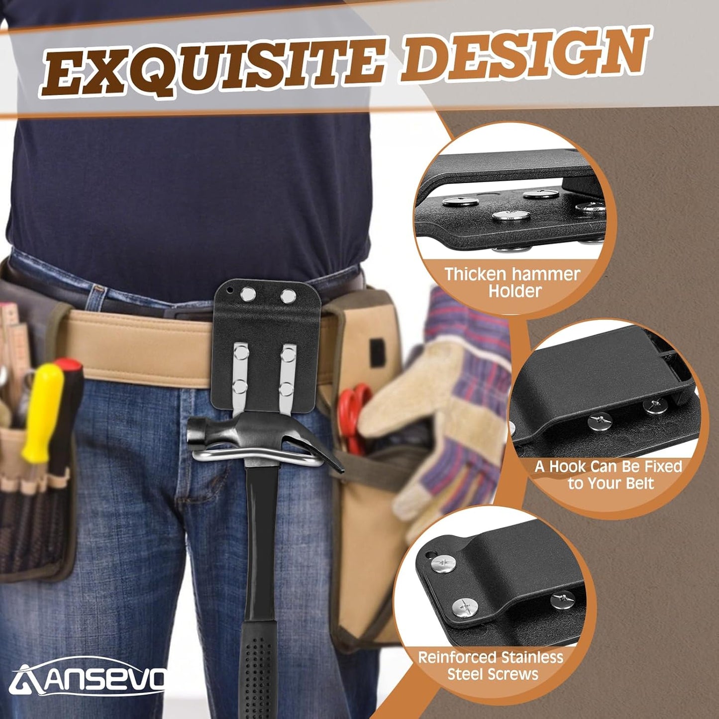 Hammer Holder for Belt, Hammer Holster Metal Crafted Suitable for Work Belts Construction Craftsman Carpenter Electrician Garden