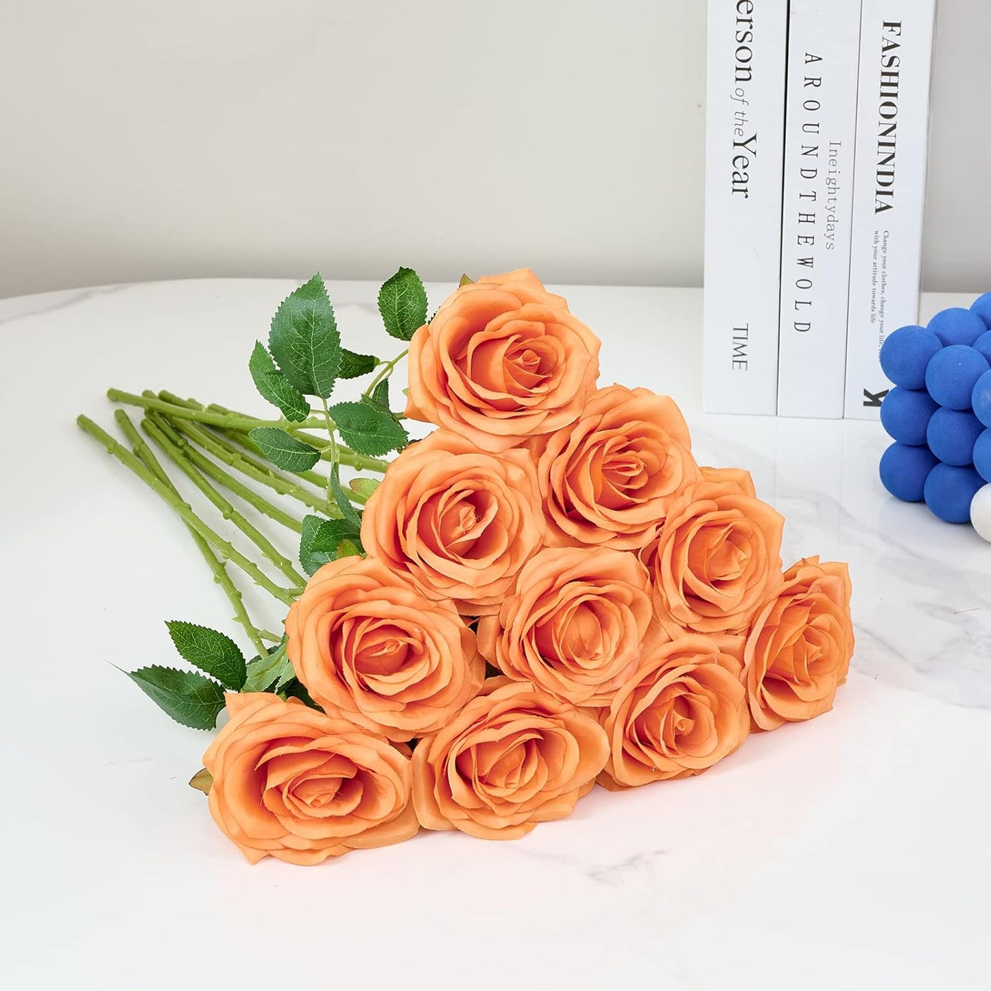 Artificial Rose 10pcs Orange Open Flower Bouquet Faux Rose Stems for Wedding Arrangement, Bridal Bouquet, Centerpiece, Fake Faux Silk Flowers