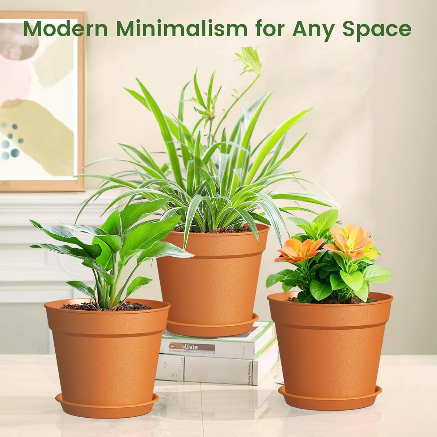 10 Pack 6 Inch Plant Pots with Drainage and Saucers, Plastic Flower Pots for Indoor and Outdoor Plants, Stackable Nursery Planters for Houseplants and Herbs, Terracotta