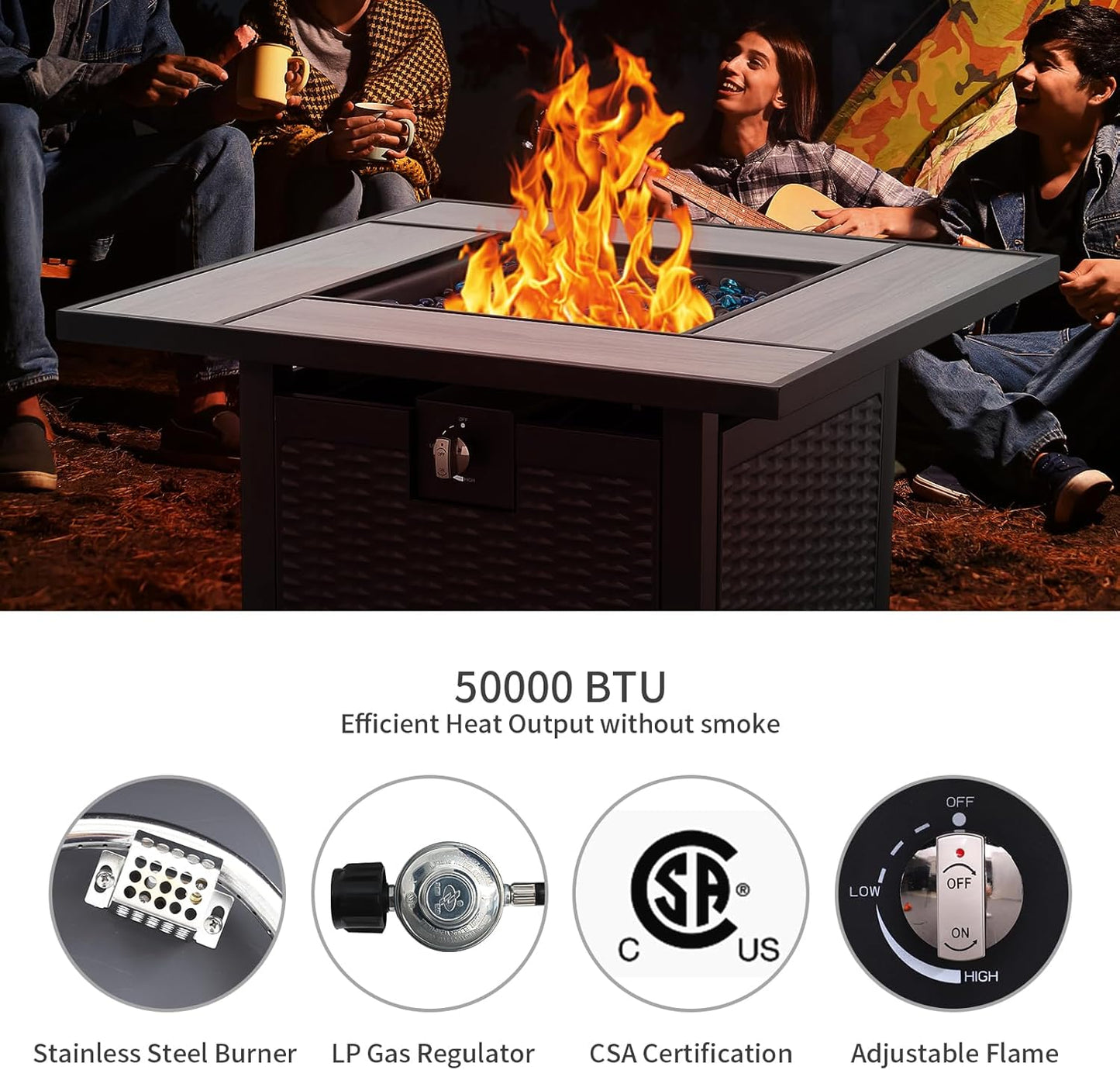 30 Inch Fire Tables 50000 BTU Outdoor Fire Pits for Outside Steel Gas Fire Table with Fire Pit Lid Wooden Marble Tabletop and Waterproof Cover