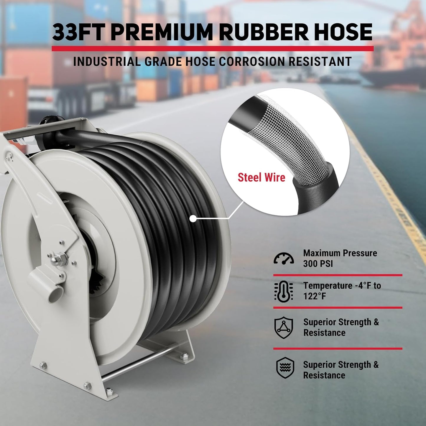 Fuel Hose Reel, 1" x 33' Diesel Fuel Reel with Refueling Nozzle, 300 PSI Heavy-duty Steel Construction Used for Aircraft Ship Vehicle Tanker Truck