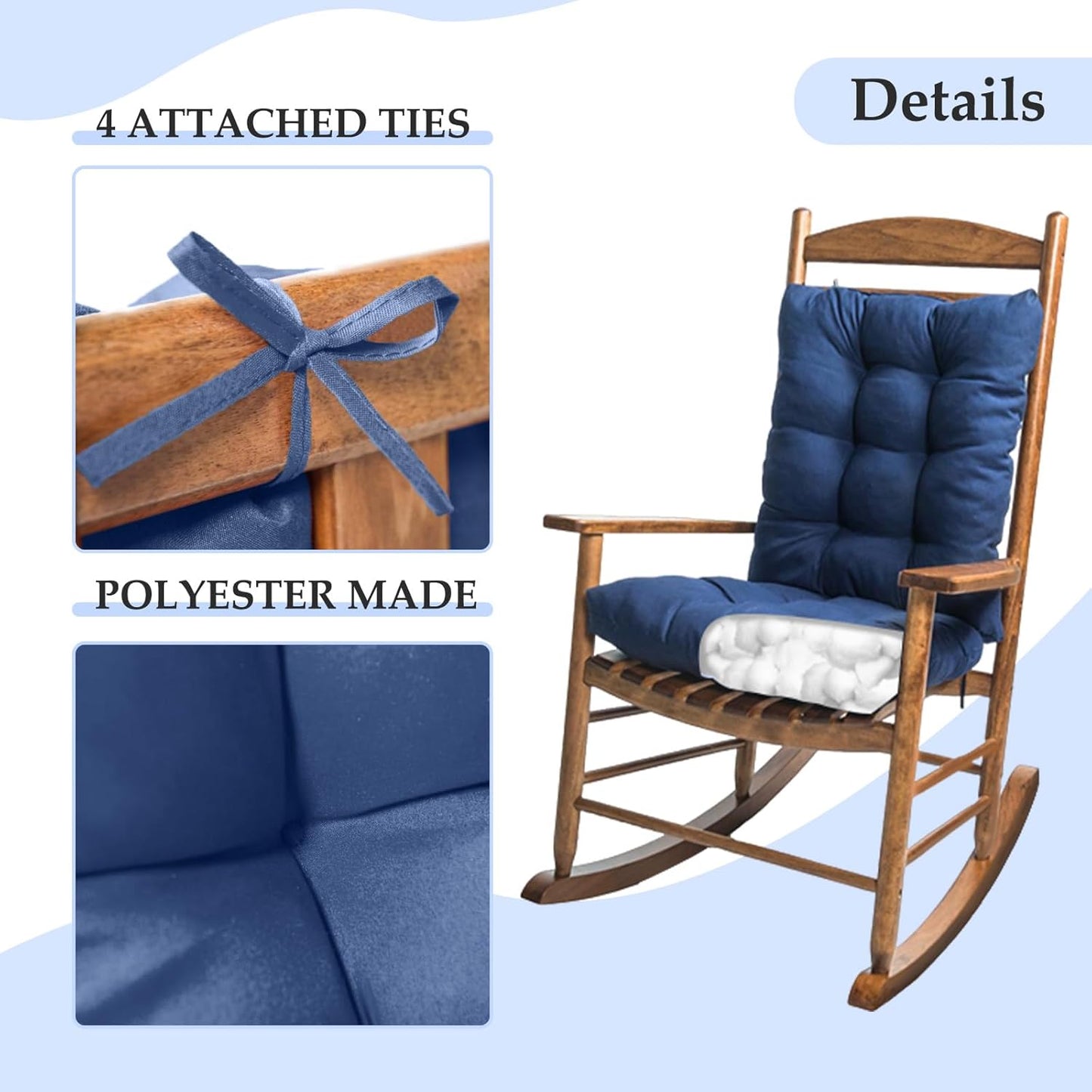 1 Pack Patio Chair Cushion, Rocking Chair Cushion with Ties Overstuffed Seat Back Cushion Pad for Outdoor Indoor Use, Blue